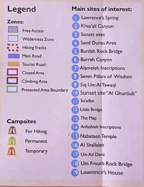 Wadi Rum desert map with hiking trails, main roads, and campsites