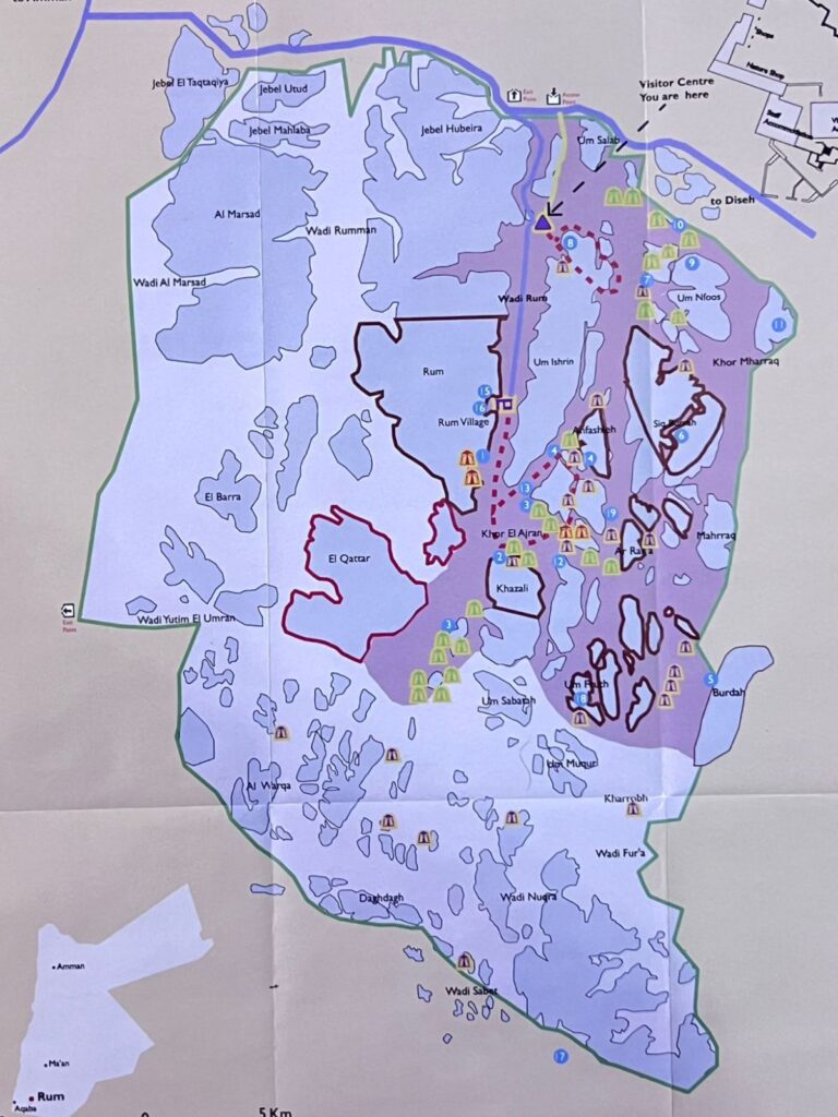 Wadi Rum desert map with hiking trails, main roads, and campsites