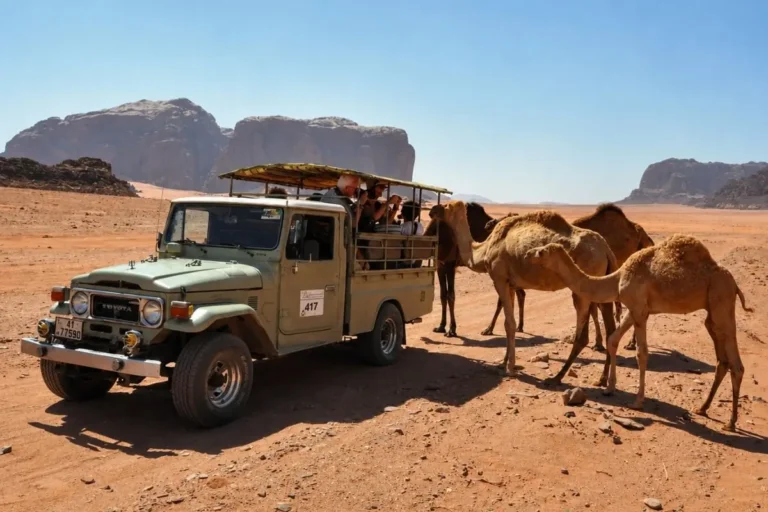 Jeep tour with camels in the Wadi Rum desert