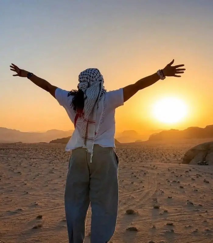 Sunset view over the desert mountains of Wadi Rum